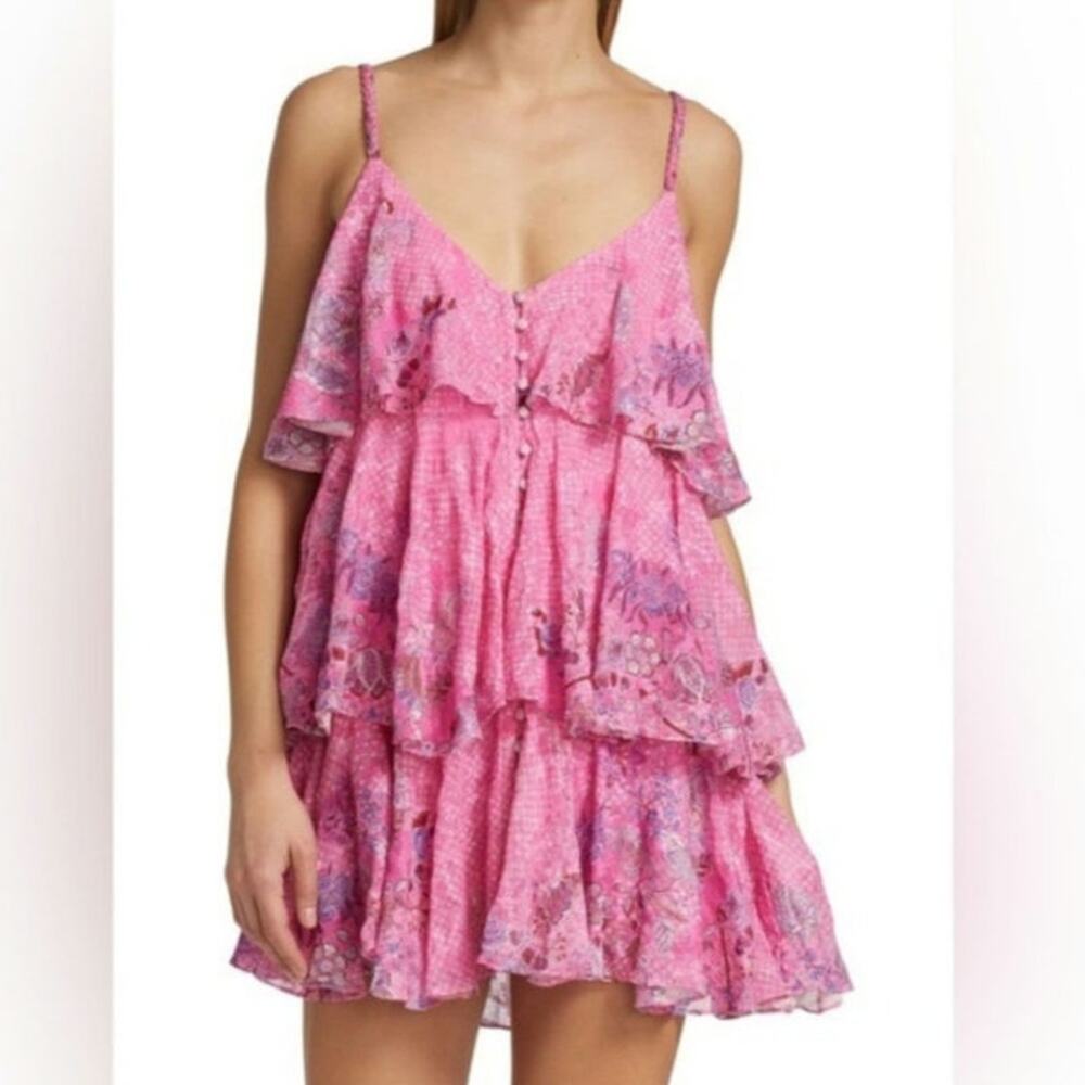 Hemant & Nandita Fushia Floral Print Ruffle Button Amal Mini Dress L EUC READ